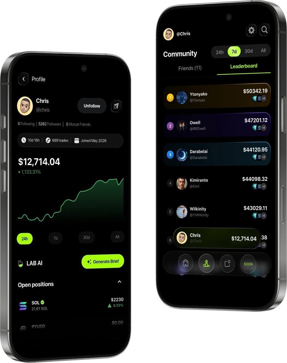 The LAB app on two phones, showing a portfolio balance and a live token feed