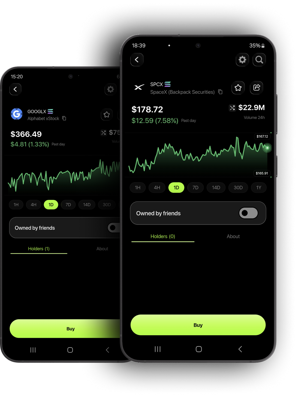 Tokenized stock positions and a price chart in the LAB app